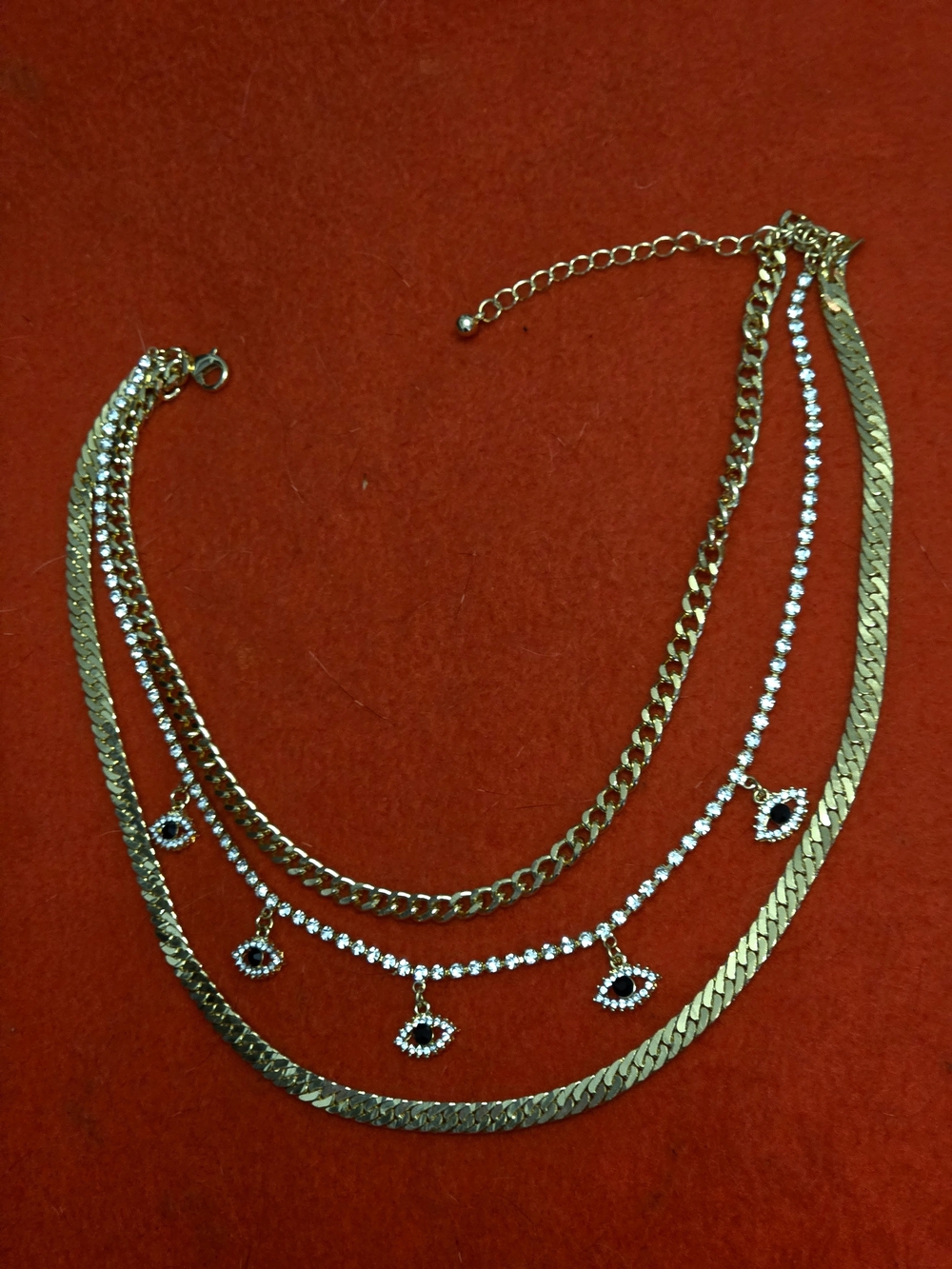 Gold Multi-Layer  Eye Necklace with Crystal Accents. Stainless Steel